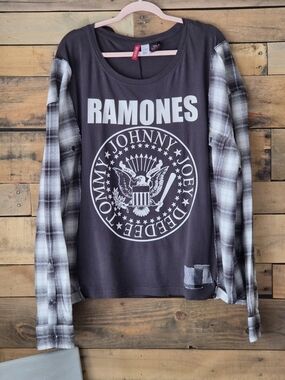 Upcycled  Ramones Graphic T-shirt  with Plaid  Long Sleeves